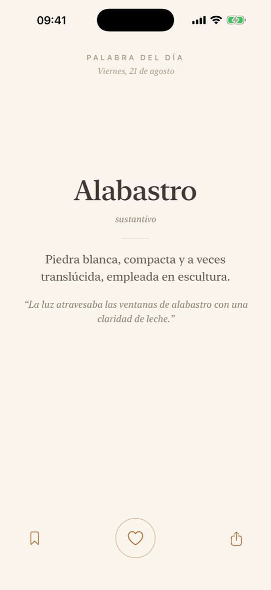 La app mostrando la palabra del día sobre fondo crema